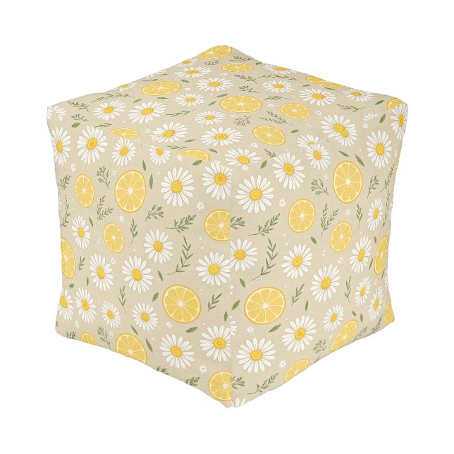Lemon  Floral white yellow daisy Pattern  Pouf (Angled Back)
