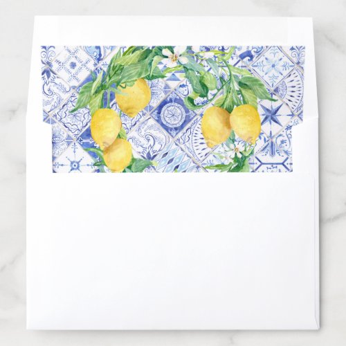 Lemon Floral Wreath Mediterranean Blue White Tile Envelope Liner