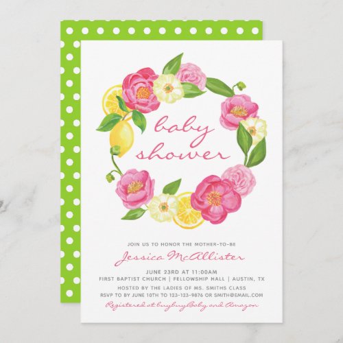 Lemon Floral Wreath Polkadot Girl Baby Shower Invitation
