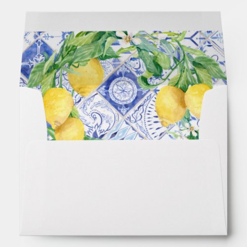 Lemon Floral Wreath Vintage Blue White Mosaic Tile Envelope