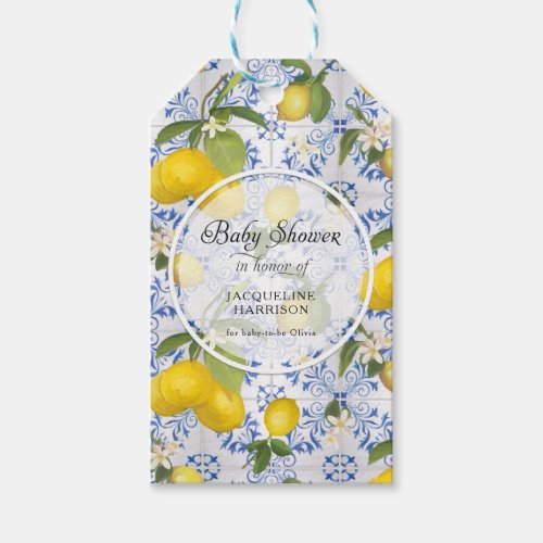 Lemon Flower Citrus Foliage Blue White Baby Shower Gift Tags