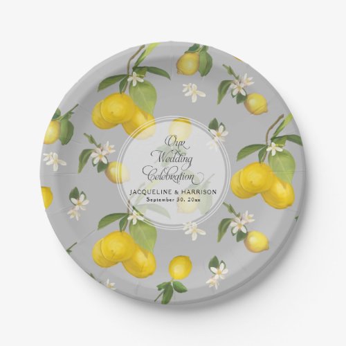 Lemon Flower Citrus Greenery Grey n Yellow Wedding Paper Plates