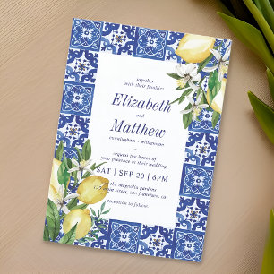 Lemon Foliage Blue Mediterranean Wedding Invitation