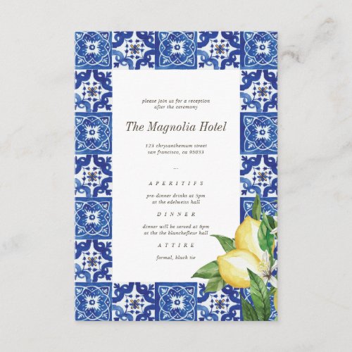 Lemon Foliage Blue Mediterranean Wedding Reception Enclosure Card