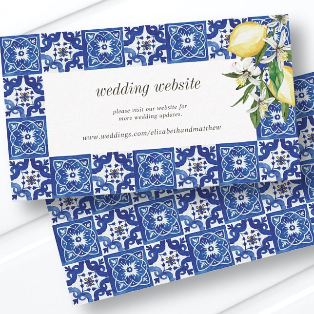 Lemon Foliage Blue Mediterranean Wedding Website Enclosure Card (Creator Uploaded)