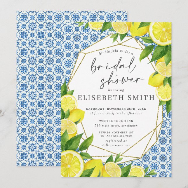 Lemon Foliage Mediterranean Bridal Shower Invitati Invitation (Front/Back)