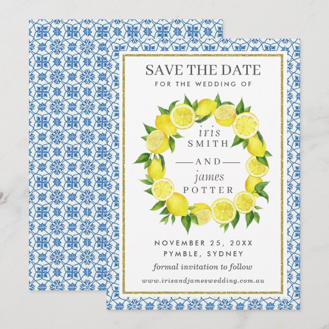 Lemon Foliage Mediterranean  Save The Date Card (Front/Back)