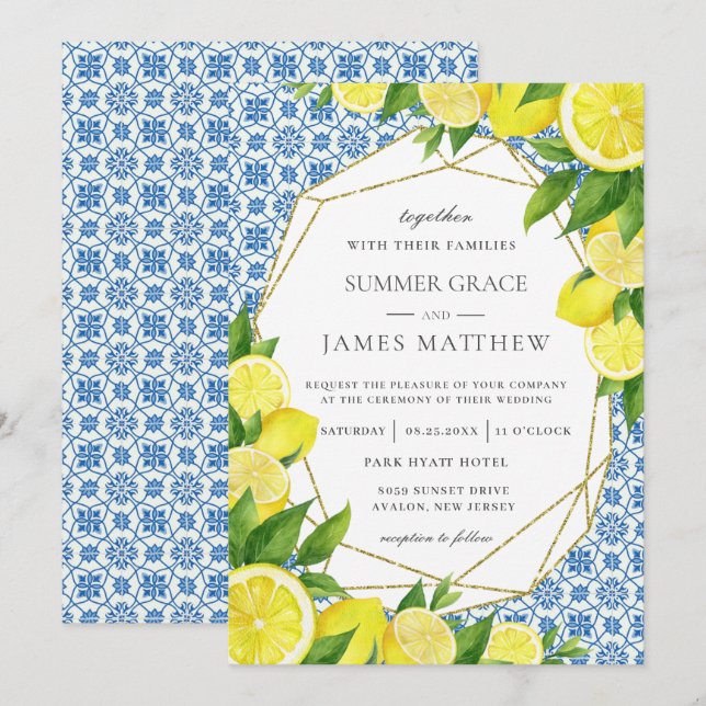 Lemon Foliage Mediterranean Wedding Invitation (Front/Back)