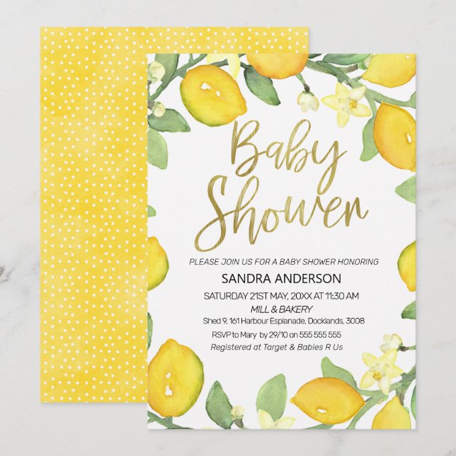 Lemon foliage wreath baby shower invitation (Front/Back)