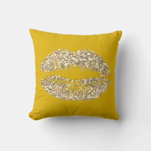 Lemon Foxier Gold Glitter Kiss Lips Makeup Sparkly Throw Pillow