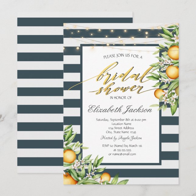 Lemon Frame Navy Blue Striped Bridal Shower  Invitation (Front/Back)