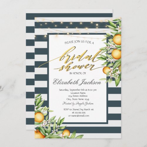 Lemon Frame Navy Blue Striped Bridal Shower  Invitation