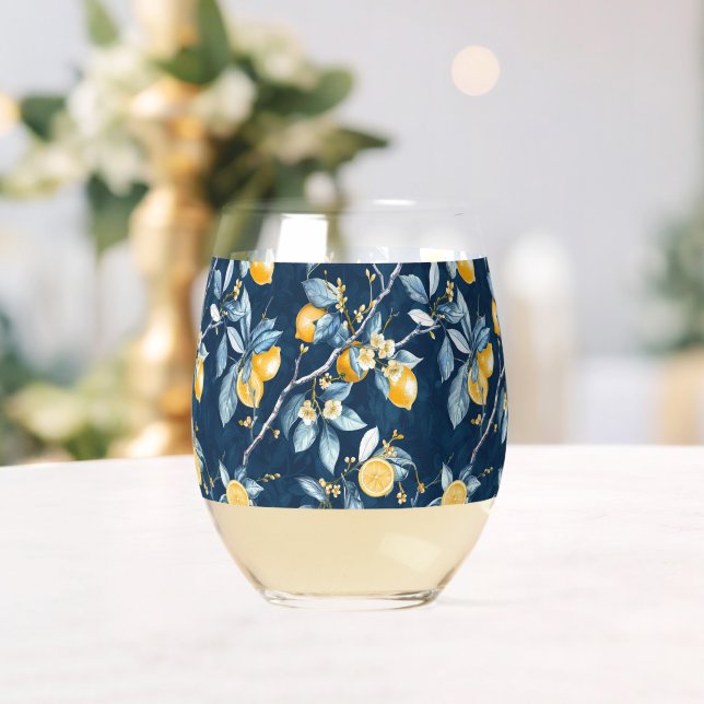 Lemon French Country Citrus Pattern  Stemless Wine Glass (Insitu (Wedding))