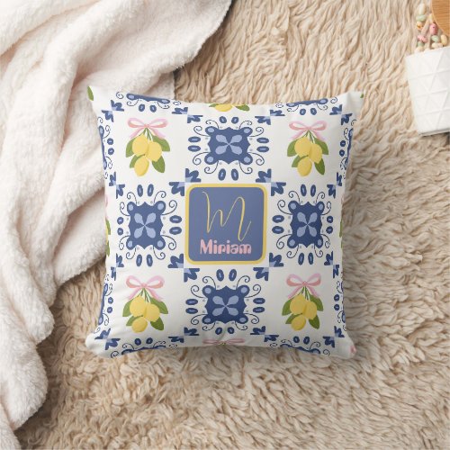 Lemon French Country Monogram Name Pattern Throw Pillow