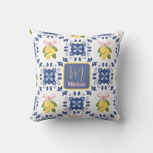 Lemon French Country Monogram Name Pattern Throw Pillow (Front)