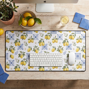 Lemon French Country Tile Pattern Yellow Blue Desk Mat
