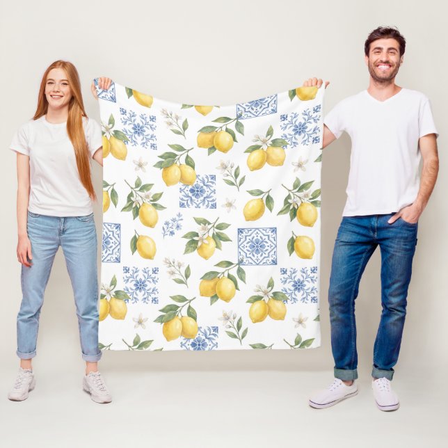 Lemon French Country Tile Pattern Yellow Blue  Fleece Blanket (In Situ)