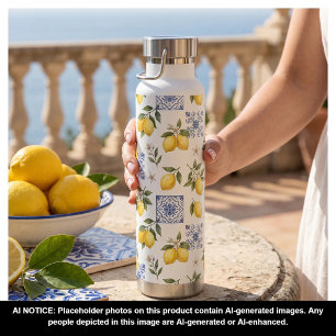 Lemon French Country Tile Pattern Yellow Blue Water Bottle