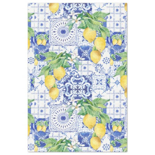 Lemon French Farmhouse Blue n White Tile Decoupage Tissue Paper