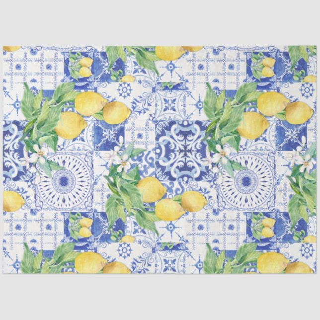 Lemon French Farmhouse Blue n White Tile Decoupage Tissue Paper (Front)
