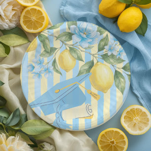 Lemon Freshly Graduated Blue Stripe Graduation Paper Plates