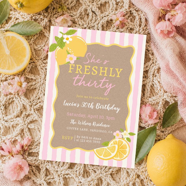 Lemon Freshly Pink Stripes 30th Birthday Invitation (Creator Uploaded)