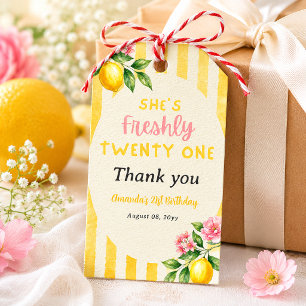 Lemon Freshly Yellow Stripes Floral 21st Birthday Gift Tags