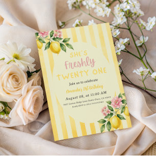 Lemon Freshly Yellow Stripes Floral 21st Birthday Invitation