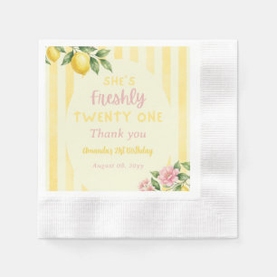 Lemon Freshly Yellow Stripes Floral 21st Birthday Napkins