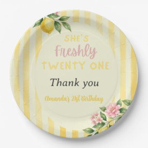 Lemon Freshly Yellow Stripes Floral 21st Birthday Paper Plates