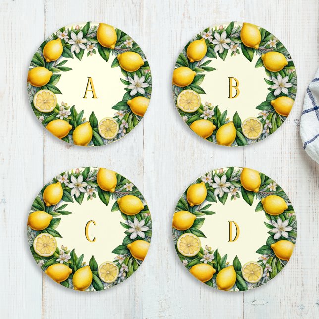 Lemon Fruit and Flowers Monogrammed Coaster Set (A set of 4 monogrammed drinks mat with citrus lemon wreath design of fresh fruit, flowers and leaves)