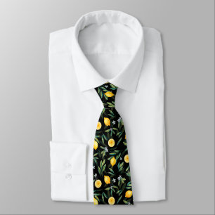 Lemon Fruit and Lemon Blossom Elegant Black Neck Tie