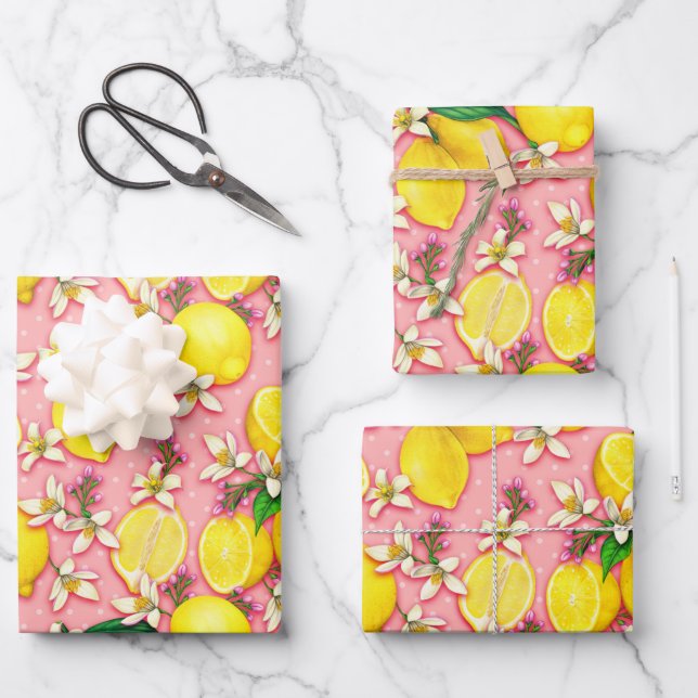 Lemon Fruit and Lemon Blossom Pink Wrapping Paper Sheets (Front)