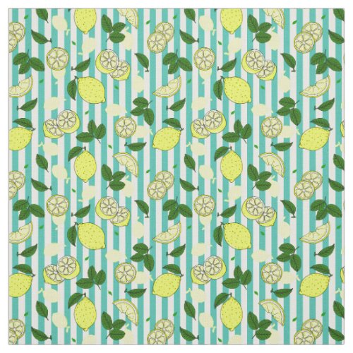 Lemon Fruit and Slices on Teal and White Stripes Fabric