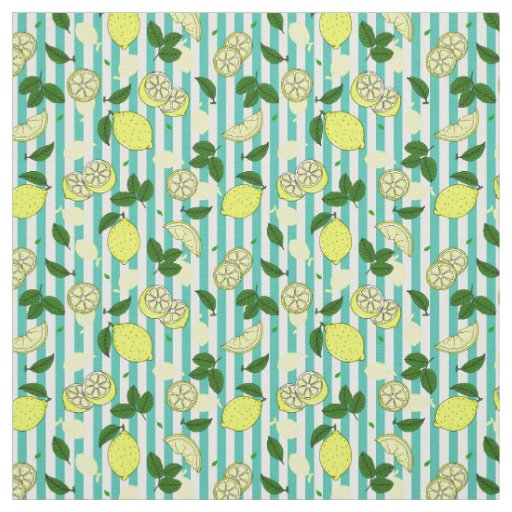 Lemon Fruit and Slices on Teal and White Stripes Fabric