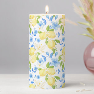 Lemon Fruit Blue Floral Citrus Summer Design Pillar Candle