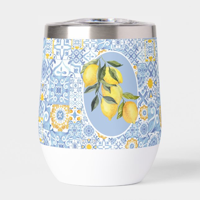Lemon fruit, blue tile collage thermal wine tumbler (Front)