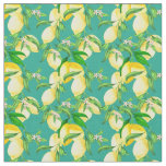 Lemon Fruit Branches and Lemon Flowers Teal  Fabric