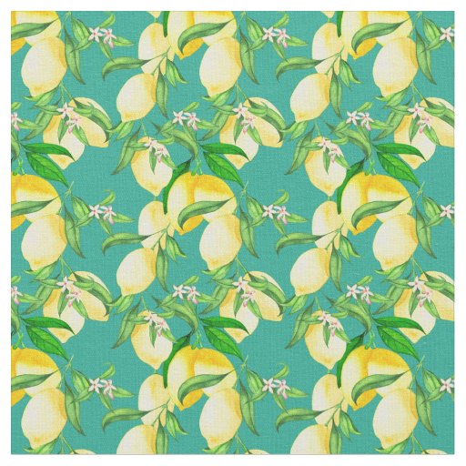 Lemon Fruit Branches and Lemon Flowers Teal  Fabric