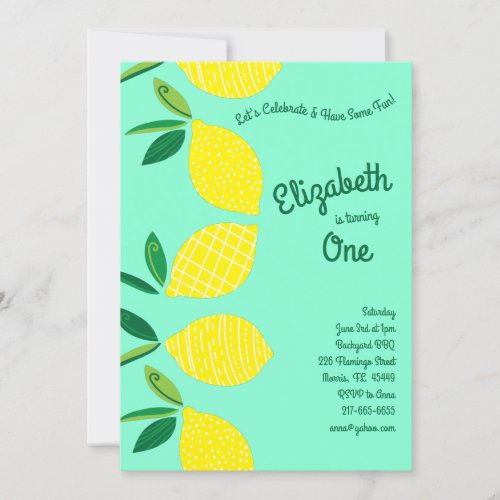 Lemon Fruit Cute Kids 1st Birthday Party Invitation