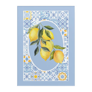 Lemon fruit, European-inspired blue tile Acrylic Print