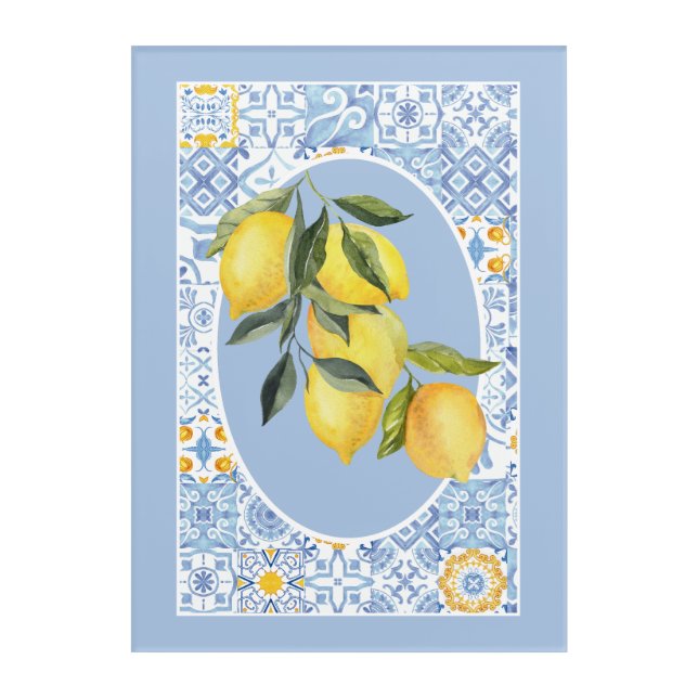 Lemon fruit, European-inspired blue tile Acrylic Print (Front)