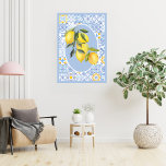 Lemon fruit, European-inspired blue tiles  Poster<br><div class="desc">You'll be feeling the Amalfi Coast vibes with this simple yet stunning artwork. Featuring a light blue background,  with a mosaic tile design and colorful lemon fruits as the central graphic. Ideal for kitchen,  living areas,  or anywhere you wish to add a touch of trendy European style.</div>