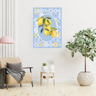 Lemon fruit, European-inspired blue tiles Poster