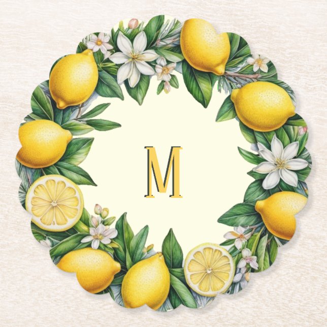 Lemon Fruit Flowers Fresh Citrus Monogrammed Paper Coaster (Front)