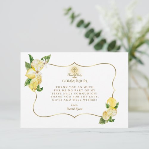 Lemon Fruit Flowers Gold Cross Boy Holy Communion  Thank You Card