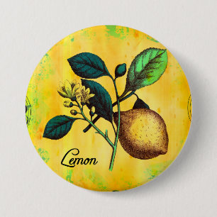 Lemon Fruit Flowers Leaves Vintage Botanical Button