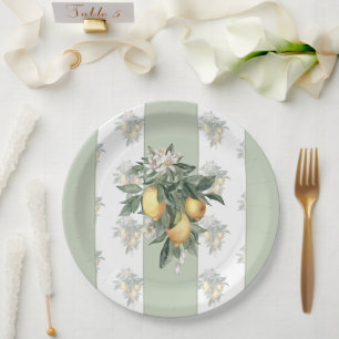Lemon Fruit   Green & White Striped Paper Plates