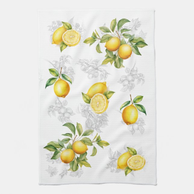Lemon & Fruit Kitchen Towel White Yellow Gray (Vertical)