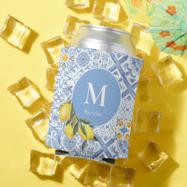 Lemon fruit monogram, blue tile can cooler (In Situ Summer)
